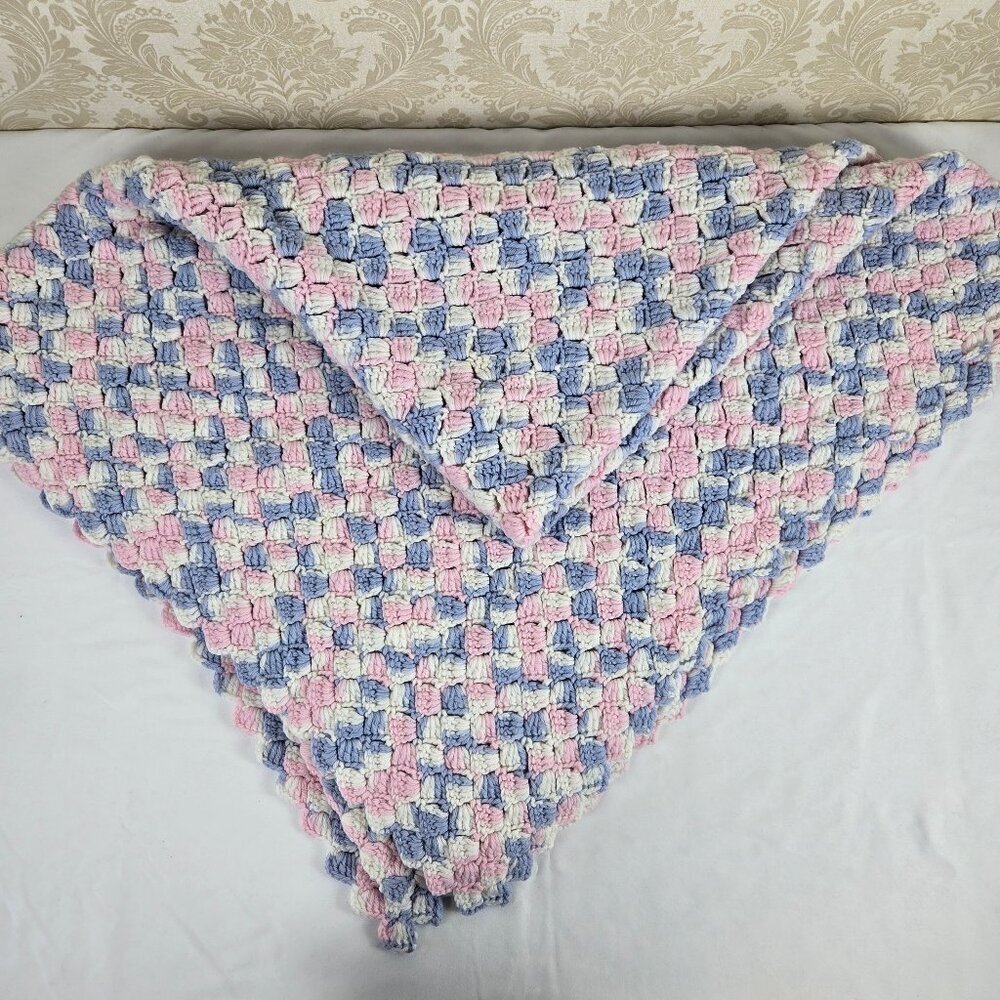 Handmade Crochet Baby Blanket Pink Blue White Abstract Pattern